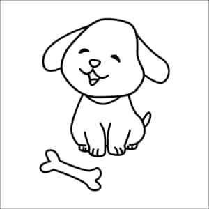 一隻微笑的卡通小狗坐在骨頭旁邊。 — 小狗 壁紙