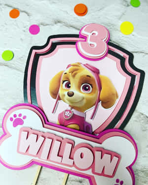 粉紅色Paw Patrol Willow生日蛋糕裝飾，附名字和數字三。
