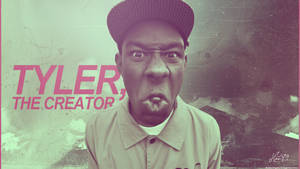 Tyler the Creator 表情強烈，在紋理背景上有粉紅色文字。