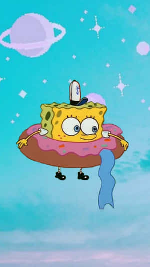 海綿寶寶在甜甜圈中漂浮，穿過有行星的星空。 — 海綿寶寶 meme GIF 壁紙