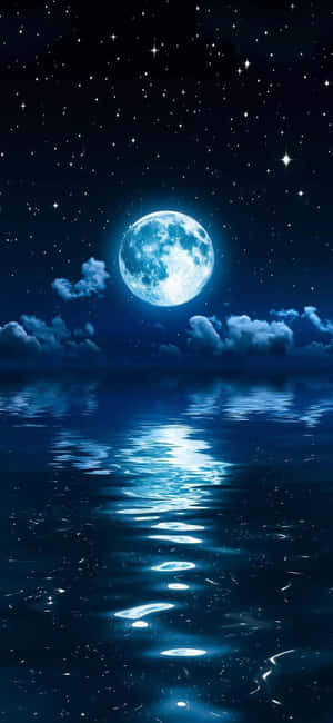滿月映照在平靜的海洋上，繁星點點的夜空下