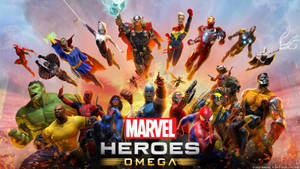 Marvel Heroes Omega 遊戲封面，展示多元化的超級英雄與反派團隊以動態姿勢呈現。