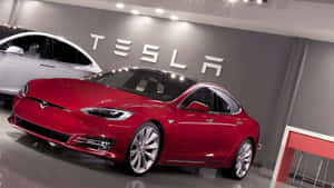 紅色Tesla Model S轎車在現代展廳中展示，牆上有Tesla標誌。 — Tesla GIF 壁紙
