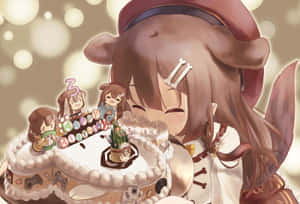 動漫女孩用裝飾著遊戲控制器和公仔的蛋糕慶祝生日。