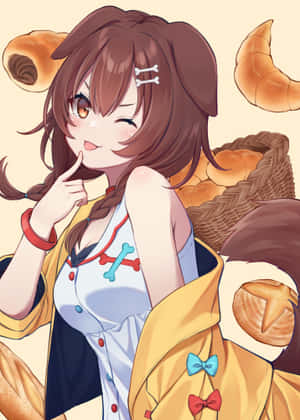 動漫女孩戴著骨頭髮夾和蝴蝶結，微笑著站在一籃新鮮麵包卷旁邊。