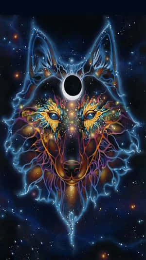 一隻神秘的狼，擁有發光的眼睛和宇宙能量，背景是星空夜空，帶有日食。