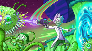 Rick Sanchez 喺有旋轉傳送門嘅宇宙場景中向綠色外星人射激光。