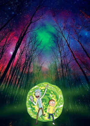 瑞克和莫蒂在森林中色彩繽紛的星空下，身處一個發光的傳送門中。