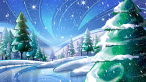 白雪覆蓋的松樹在旋轉的星空夜空下飄落著雪。