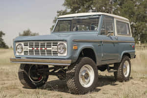 經典藍色福特Bronco，白色車頂，停放在乾燥草地上