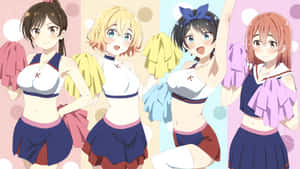 四個穿著啦啦隊服的動漫女孩拿著彩球擺姿勢。