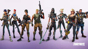 七個《Fortnite》遊戲角色身穿戰鬥裝備，手持武器，背景為紫色。 — 空軍 壁紙