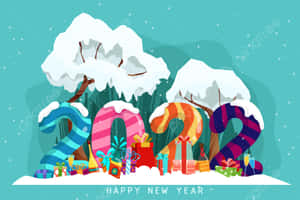 帶有雪、禮物和樹木的節日2022新年插圖。