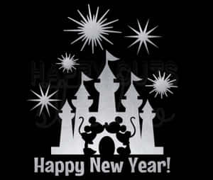 米奇和米妮老鼠在煙花下接吻，背景有城堡和Happy New Year文字。