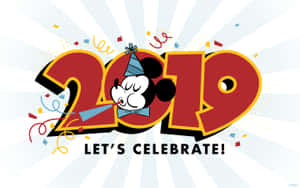 米奇老鼠喺紅色2019入面吹喇叭，伴有紙碎
