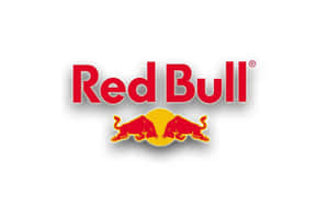 Red Bull 標誌，兩頭紅色公牛在黃色圓圈上衝鋒，帶有紅色文字。