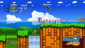 Sonic the Hedgehog 喺有花朵同瀑布嘅草坡懸崖上奔跑。