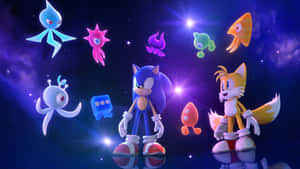 Sonic 和 Tails 在太空中，發光的外星生物在他們周圍漂浮。