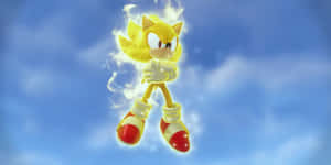 金色嘅Sonic the Hedgehog喺藍天白雲中漂浮