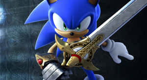 穿著盔甲的 Sonic the Hedgehog 在黑暗圖案背景中持劍。