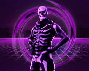 骷髏般的Fortnite角色在霓虹紫色賽博朋克場景中，帶有發光的環和網格地板。