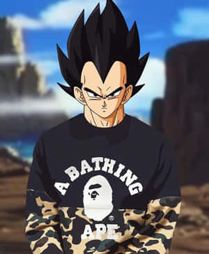 動漫戰士比達（Vegeta）穿著黑色和迷彩A BATHING APE衛衣在戶外。 — 龍珠Z 壁紙