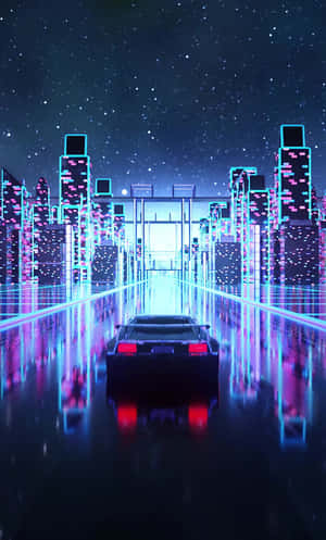 黑色跑車在濕漉漉的霓虹街道上，夜空星光燦爛