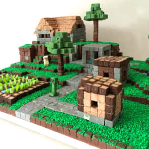 一個用朱古力方塊和綠色糖針建造的Minecraft村莊，有爬行者和樹木。 — 生日蛋糕 壁紙