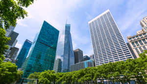 現代玻璃摩天大樓在晴朗的藍天下，聳立於綠樹成蔭的公園之上。