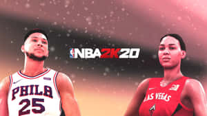 兩名身穿球隊球衣的NBA 2K20籃球運動員站在發光背景前。