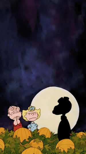 花生漫畫角色在夜晚滿月下的南瓜田