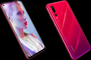 紅色Huawei智能手機展示正面和背面，屏幕上有女士肖像。