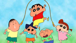 孩子們以鮮豔色彩的卡通動漫風格玩跳繩。