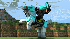 Minecraft玩家騎馬穿鑽石盔甲在草地山坡上