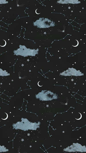 夜空，帶有星星、月亮和雲朵的重複圖案。