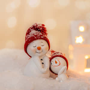兩個雪人公仔在雪中擁抱，身後有溫暖的燈光。