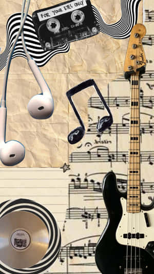 音樂拼貼，包含低音結他、卡式錄音帶和耳塞在樂譜上。 — iPhone 6 壁紙