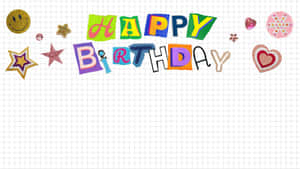 方格紙背景上帶有色彩繽紛字母和節日裝飾的Happy Birthday橫幅。