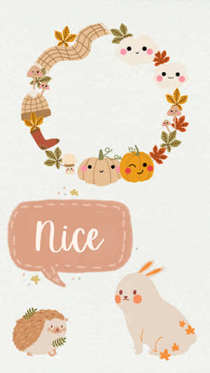 一個由微笑南瓜和動物組成的圓形花環，附有「Nice」對話氣泡。