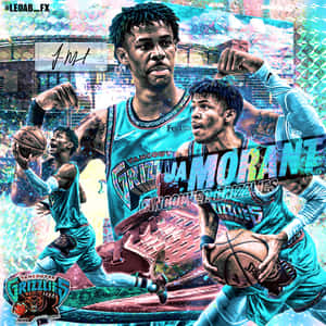 Ja Morant身穿青綠色灰熊隊球衣，以故障藝術效果運球。