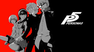 四個黑白 Persona 5 角色在紅色背景前。 — 女神異聞錄5 壁紙