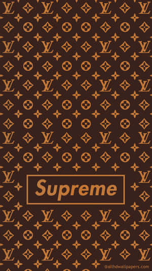 棕色和金色路易威登字母圖案，中央有Supreme標誌。