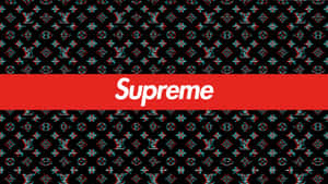 黑色背景上的紅色Supreme標誌，帶有扭曲的LV字母組合圖案。
