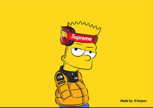 巴特·辛普森穿著黃色外套和 Supreme 護目鏡，背景為黃色。