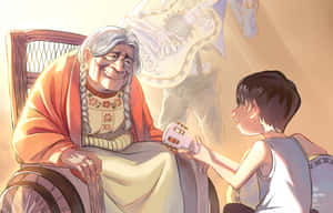 一位祖母坐在搖椅上微笑，一個孩子遞給她一把小結他。