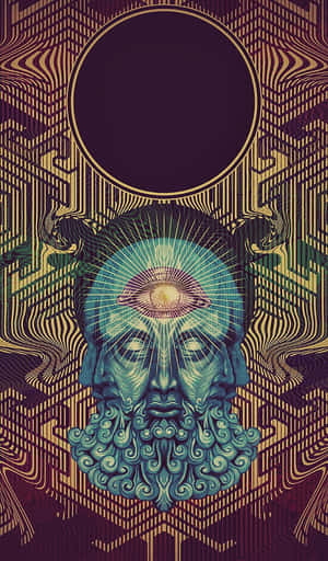 一個神秘的面孔，帶有全視之眼，被金色幾何圖案環繞。