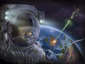 太空人穿太空衣看地球，衛星向發光爆炸發射綠色激光。