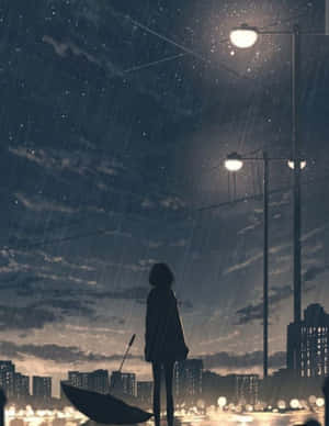 夜晚雨城中，街燈下撐傘的人的剪影，星星可見。