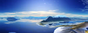 晴朗天空下，平靜藍色水面倒映著積雪覆蓋的山脈。