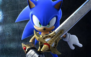 身穿盔甲的Sonic the Hedgehog 手持劍，面向深色石牆。
